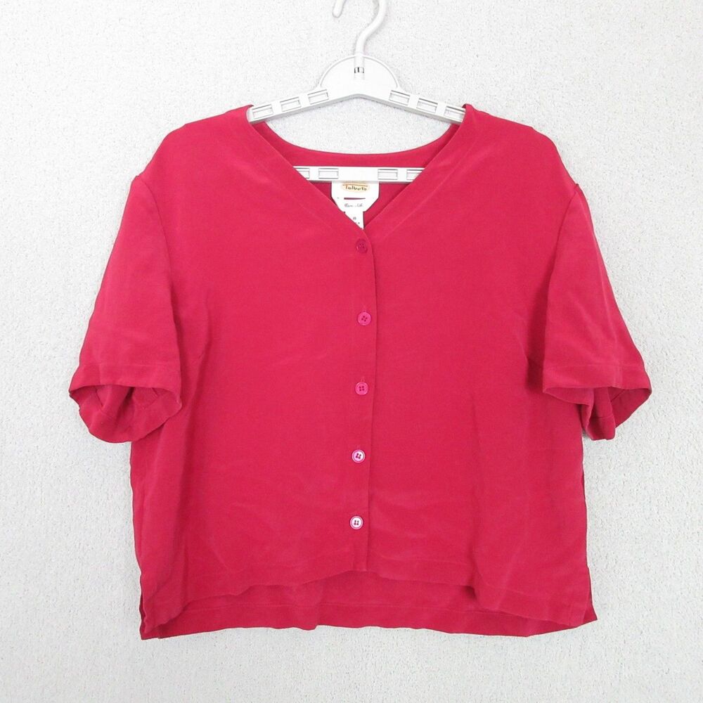 Talbots Blouse Womens 16 Pure Silk V-Neck Button Front Short Sleeve Pink Relaxed